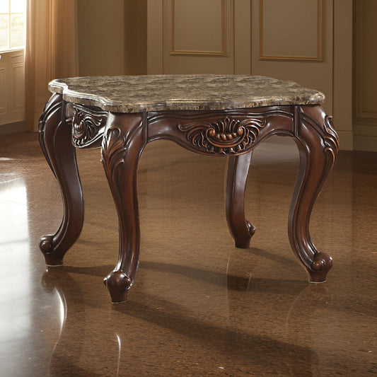 Marble Top End Table With Motif Engraved Cabriole Legs, Brown By Casagear Home