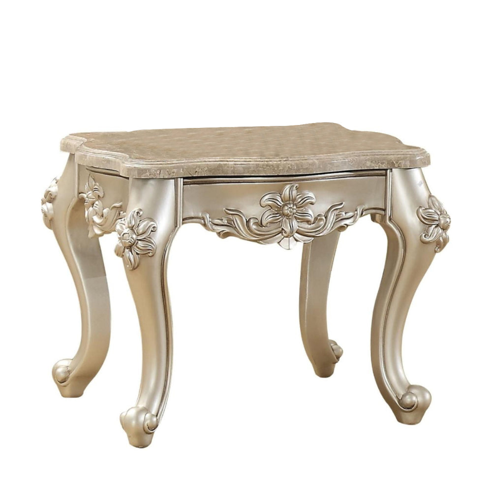 Clairmont End Table | Marble Top | Floral Motif Feet | Silver