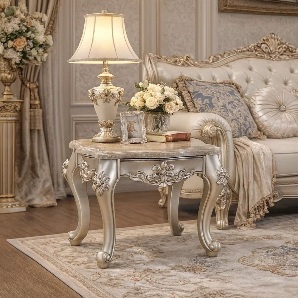 Clairmont End Table | Marble Top | Floral Motif Feet | Silver