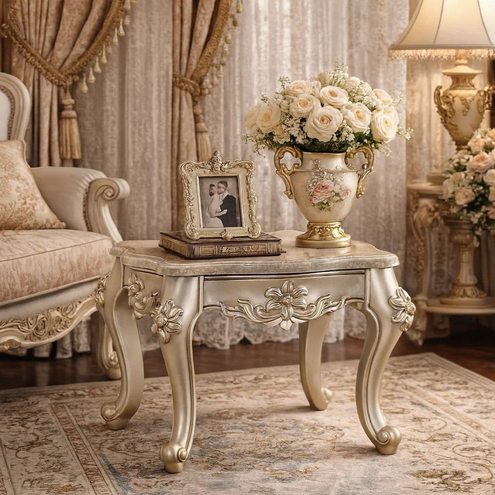 Clairmont End Table | Marble Top | Floral Motif Feet | Silver