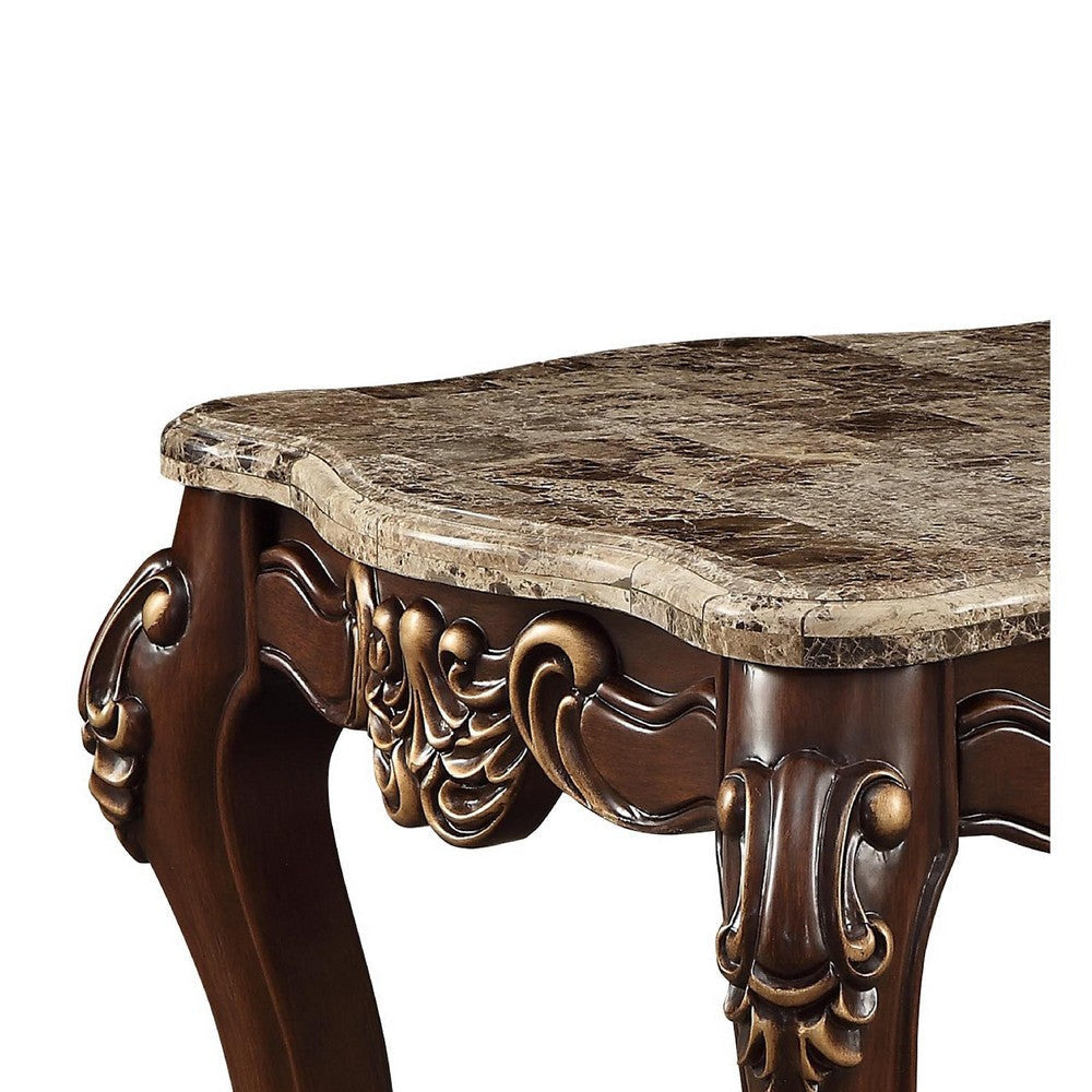 Square Marble Top End Table With Carved Floral Motifs Wooden Feet Brown AMF-81697