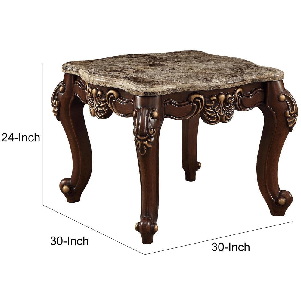 Square Marble Top End Table With Carved Floral Motifs Wooden Feet Brown AMF-81697