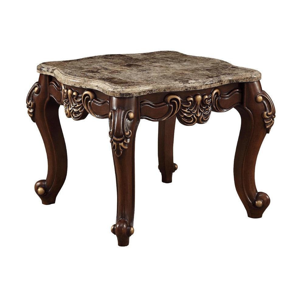 Square Marble Top End Table With Carved Floral Motifs Wooden Feet, Brown