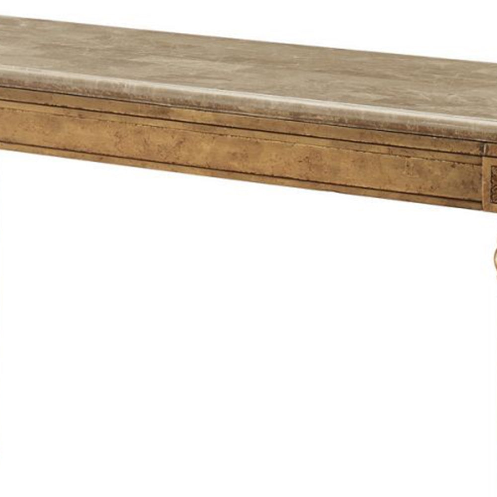 Marble Top Sofa Table With Fluted Detail Wooden Turned Legs, Gold