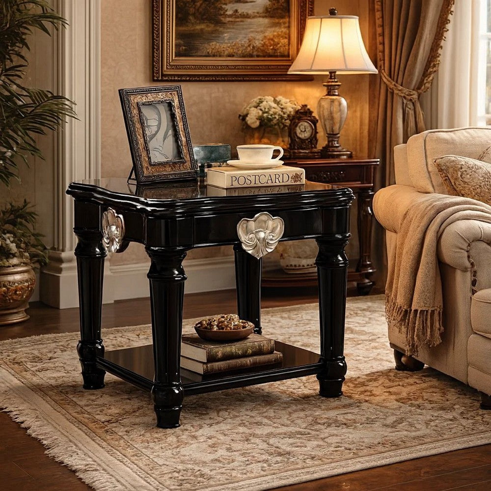 Nova End Table | Carved Motif | Turned Legs | Black