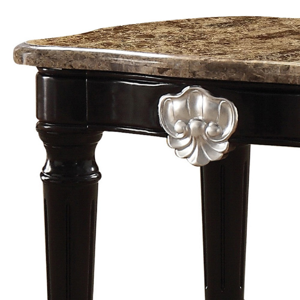 Marble Top End Table With Contrast Carved Motif Turned Wood Legs Black AMF-82152