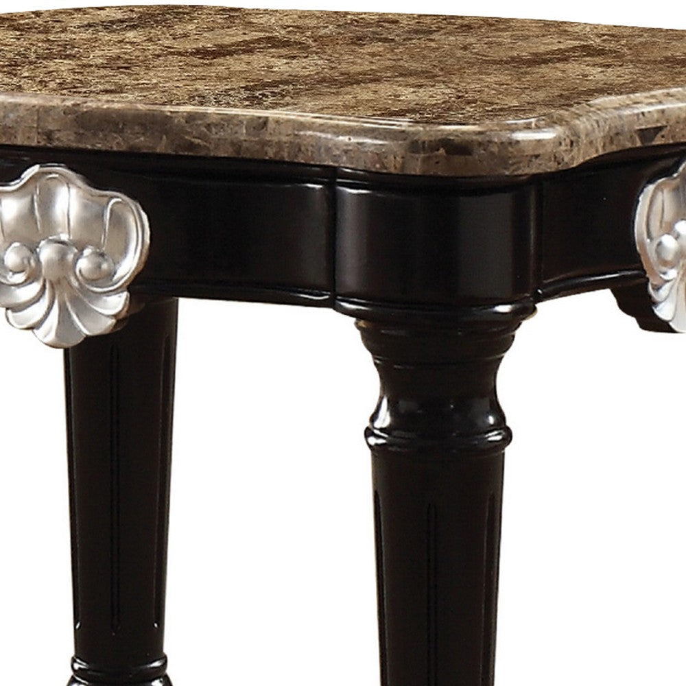 Marble Top End Table With Contrast Carved Motif Turned Wood Legs Black AMF-82152