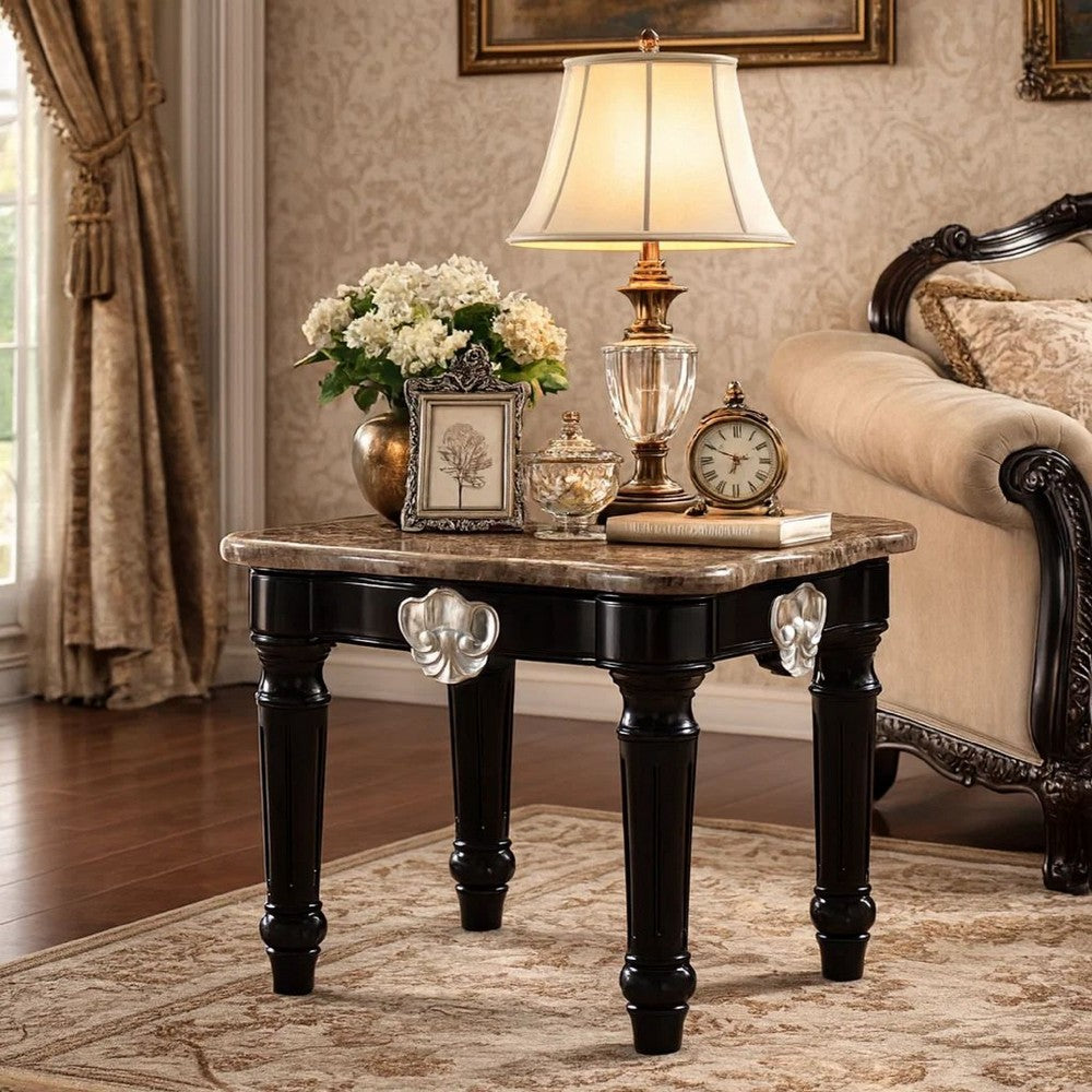 Marble Top End Table With Contrast Carved Motif Turned Wood Legs, Black