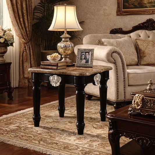 Marble Top End Table With Contrast Carved Motif Turned Wood Legs, Black