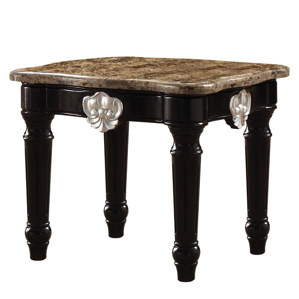 Marble Top End Table With Contrast Carved Motif Turned Wood Legs, Black