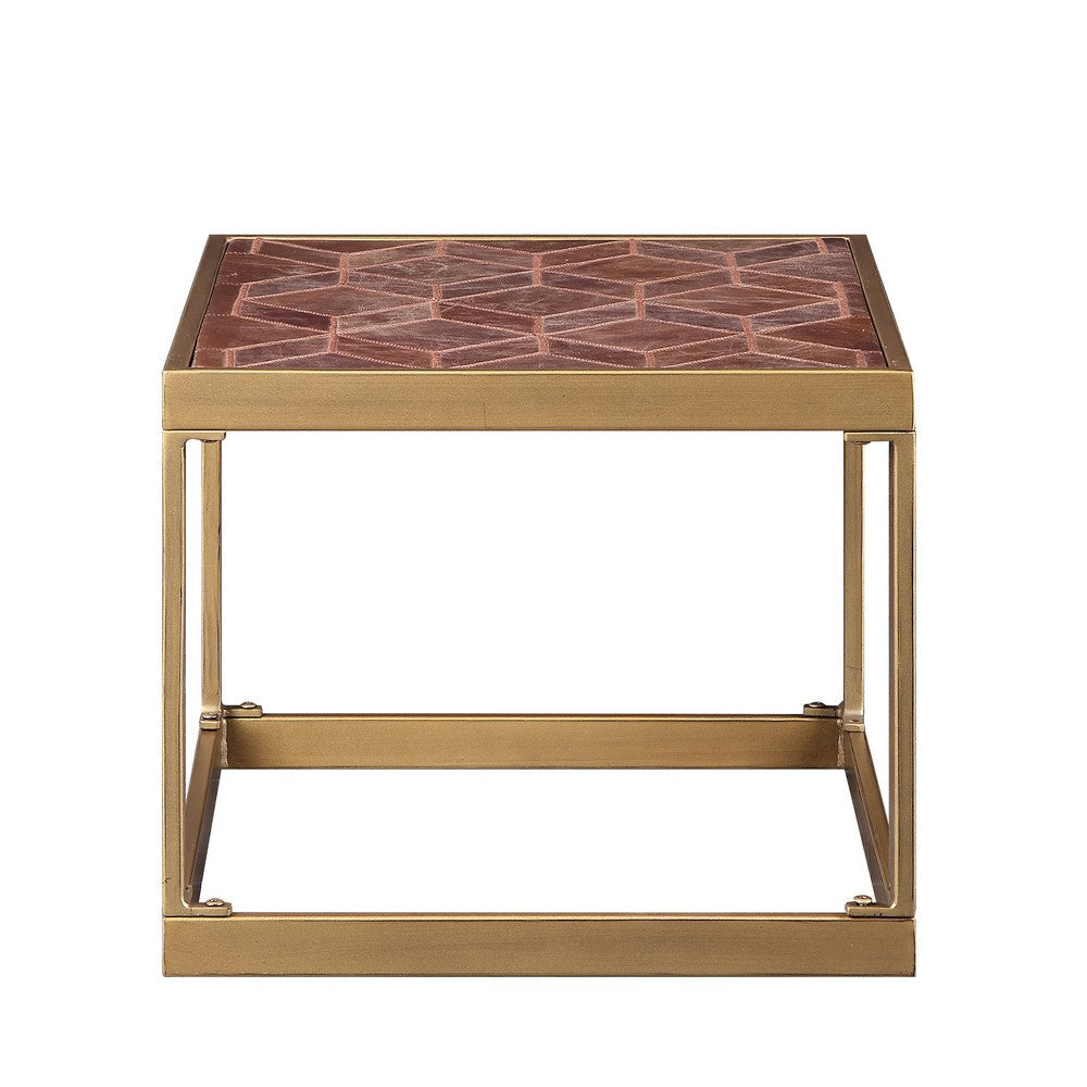 Retro Style Metal Frame End Table with Stitched Leather Top Brown and Gold AMF-82312