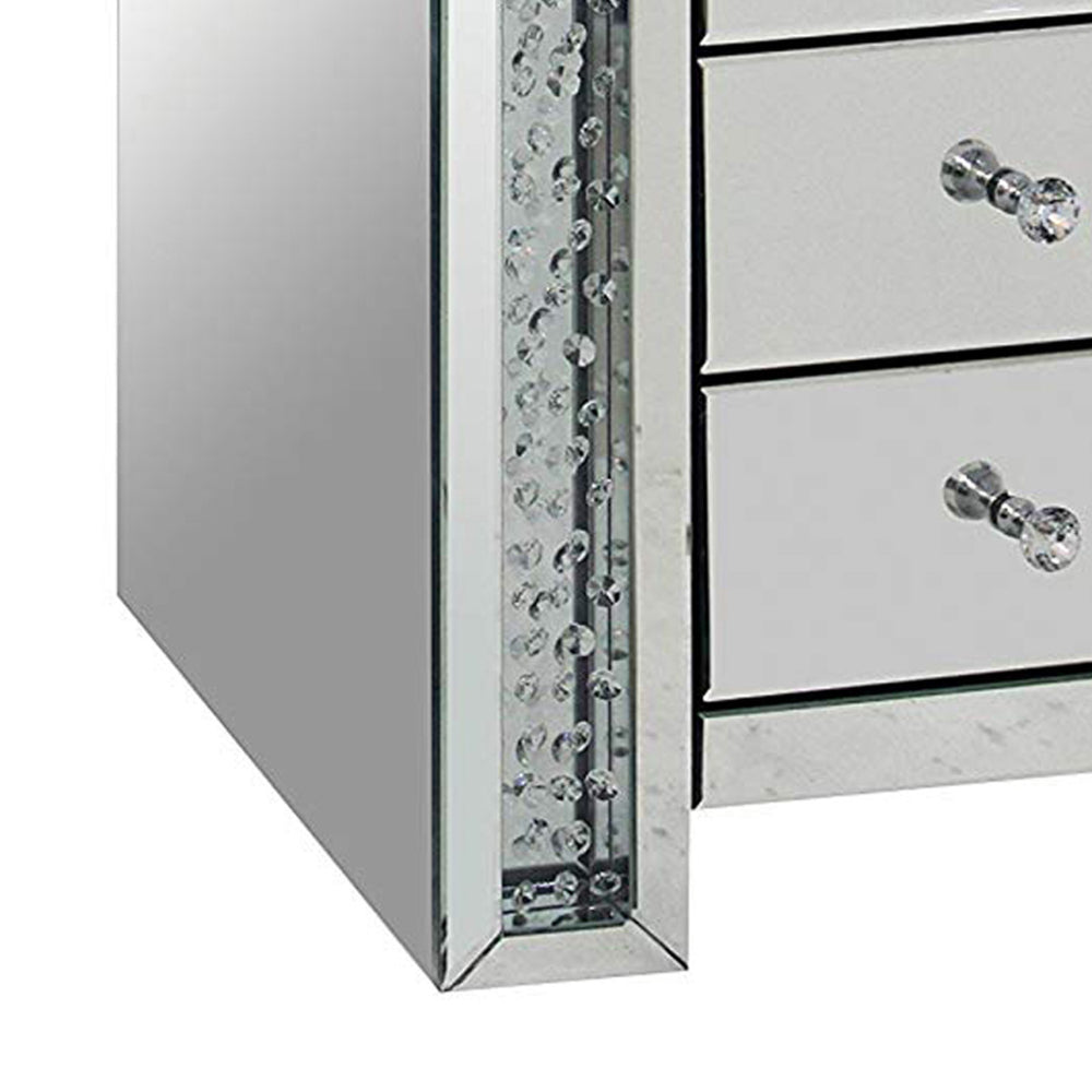 3 Drawer Mirrored Nightstand with Faux Crystals Inlay, Silver