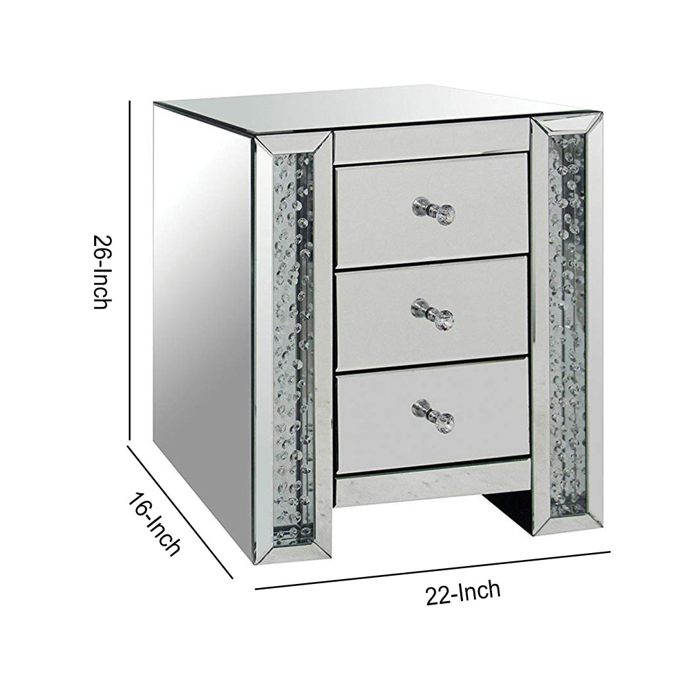 3 Drawer Mirrored Nightstand with Faux Crystals Inlay, Silver