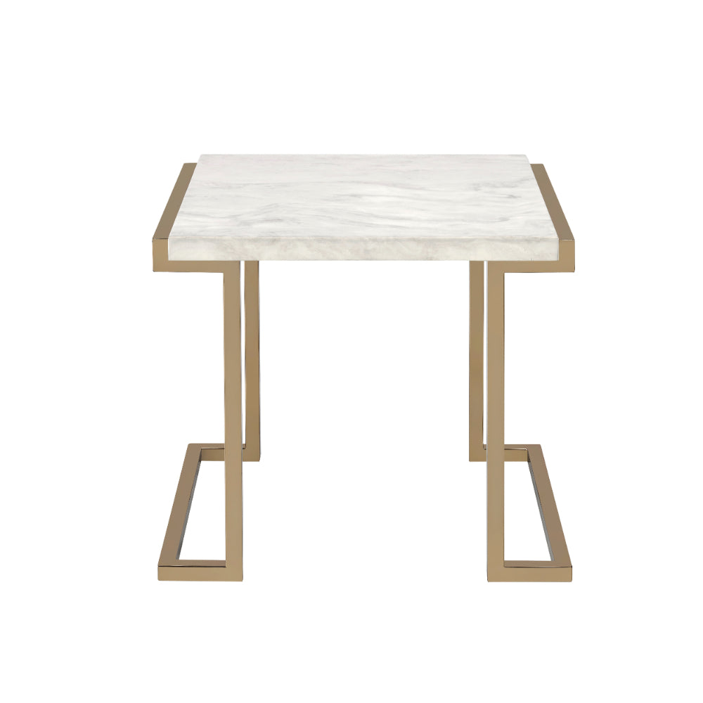 Marble Top End Table With Metal Base, White And Gold