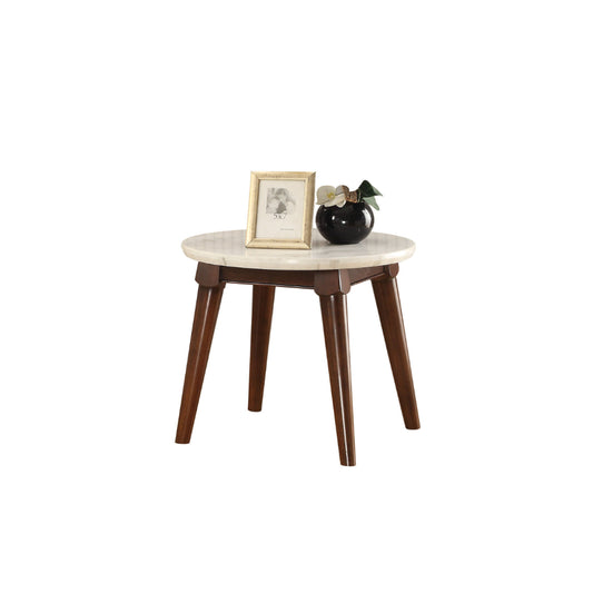 Wooden Base End Table with Marble Top, Walnut Brown