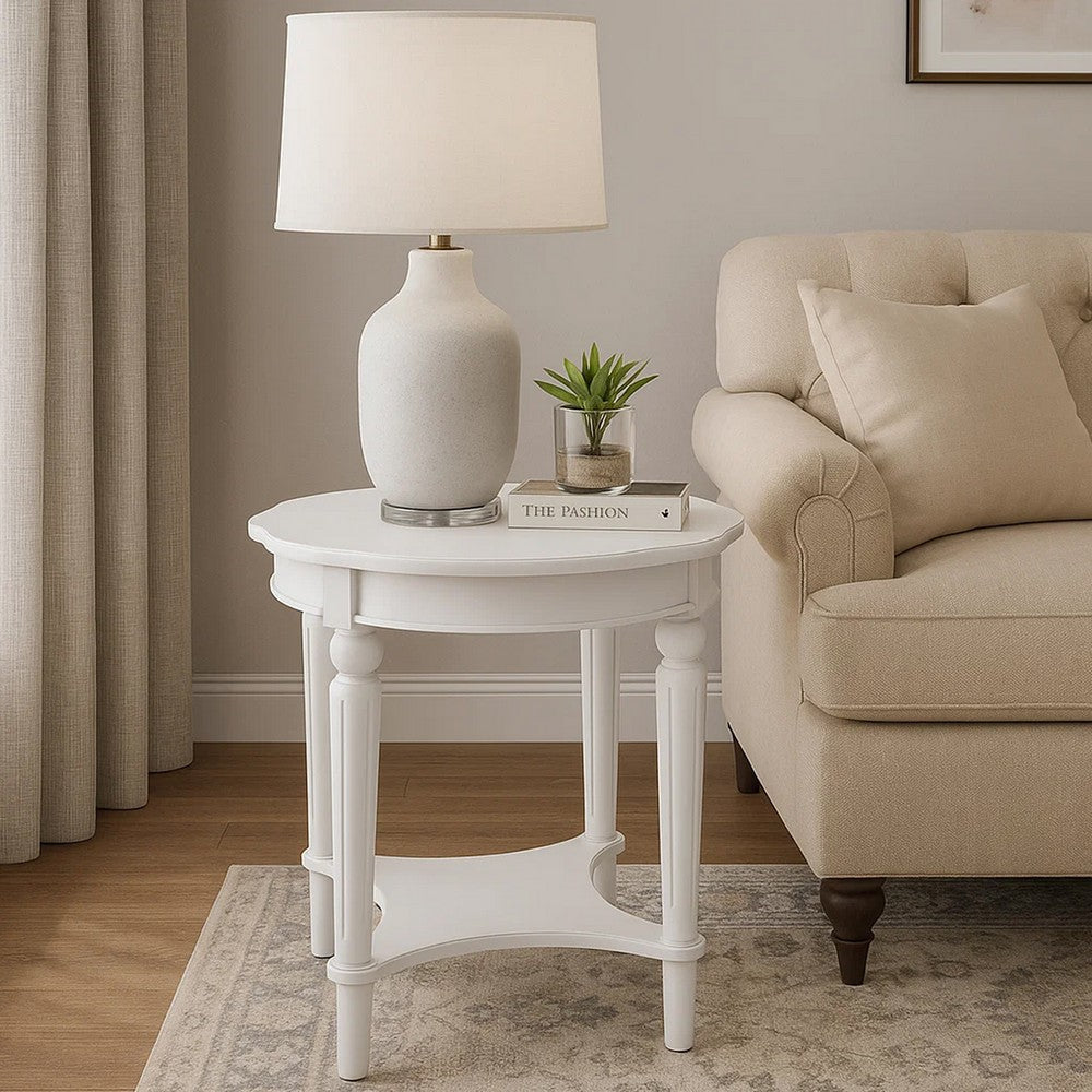 Fordon Wooden End Table Scalloped Round Top French Antique White Finish AMF-82912