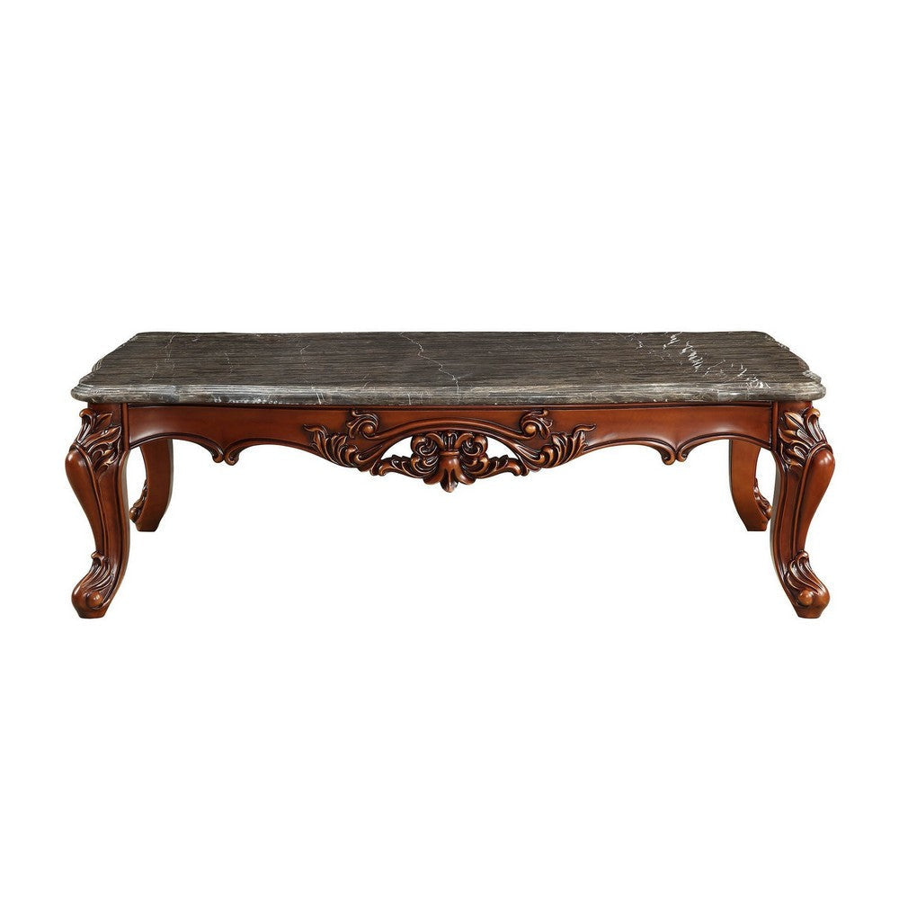Traditional Style Rectangular Wood and Marble Coffee Table Walnut Brown AMF-83065