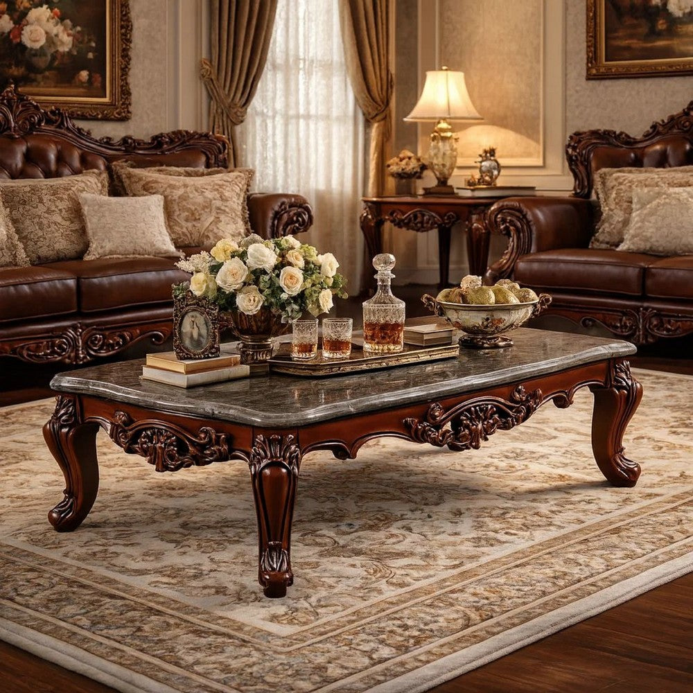 Traditional Style Rectangular Wood and Marble Coffee Table, Walnut Brown