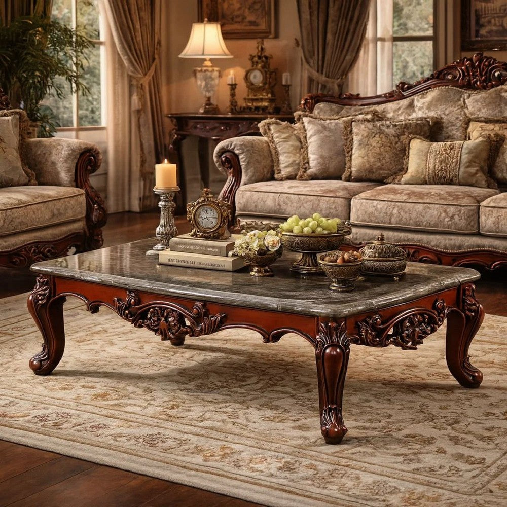 Arlo Traditional Style Rectangular Wood and Marble Coffee Table, Walnut Brown