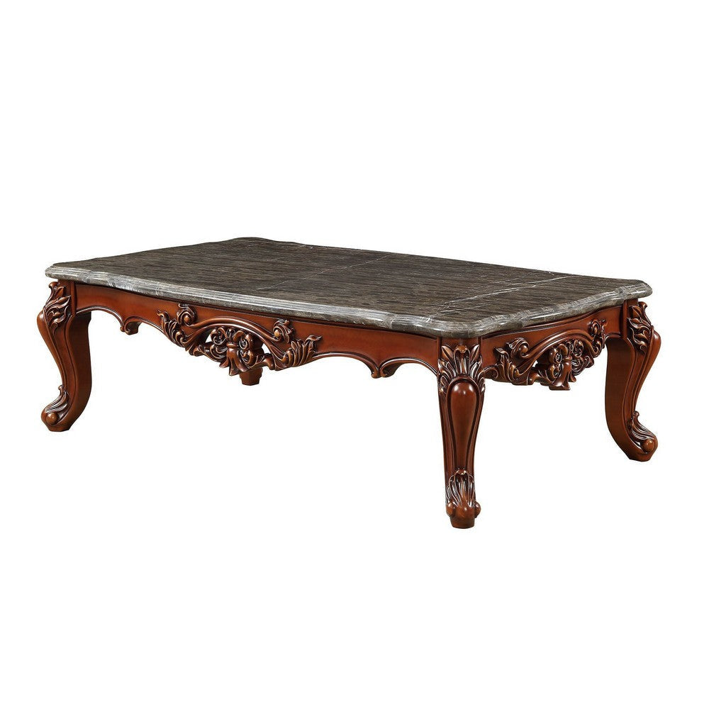 Traditional Style Rectangular Wood and Marble Coffee Table, Walnut Brown