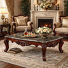 Traditional Style Rectangular Wood and Marble Coffee Table, Walnut Brown