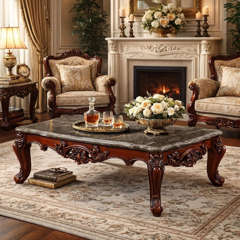 Traditional Style Rectangular Wood and Marble Coffee Table, Walnut Brown