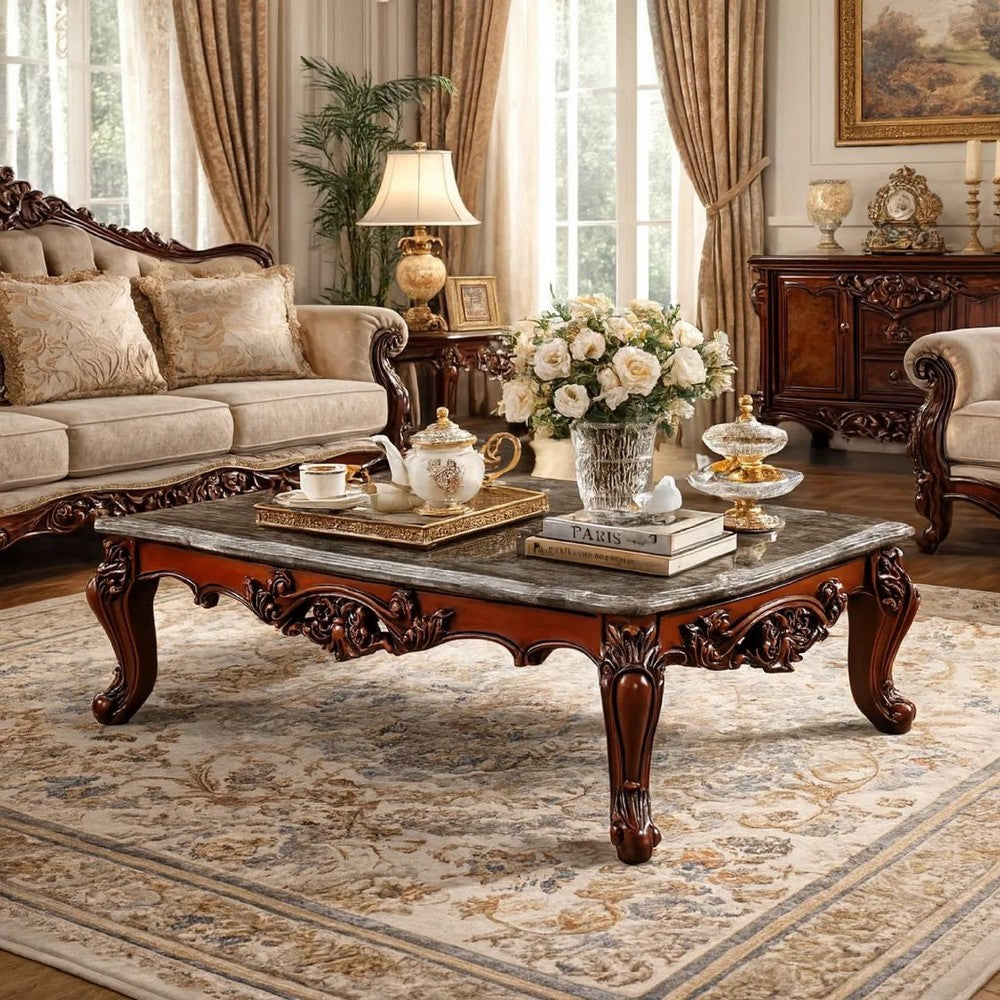 Arlo Traditional Style Rectangular Wood and Marble Coffee Table, Walnut Brown
