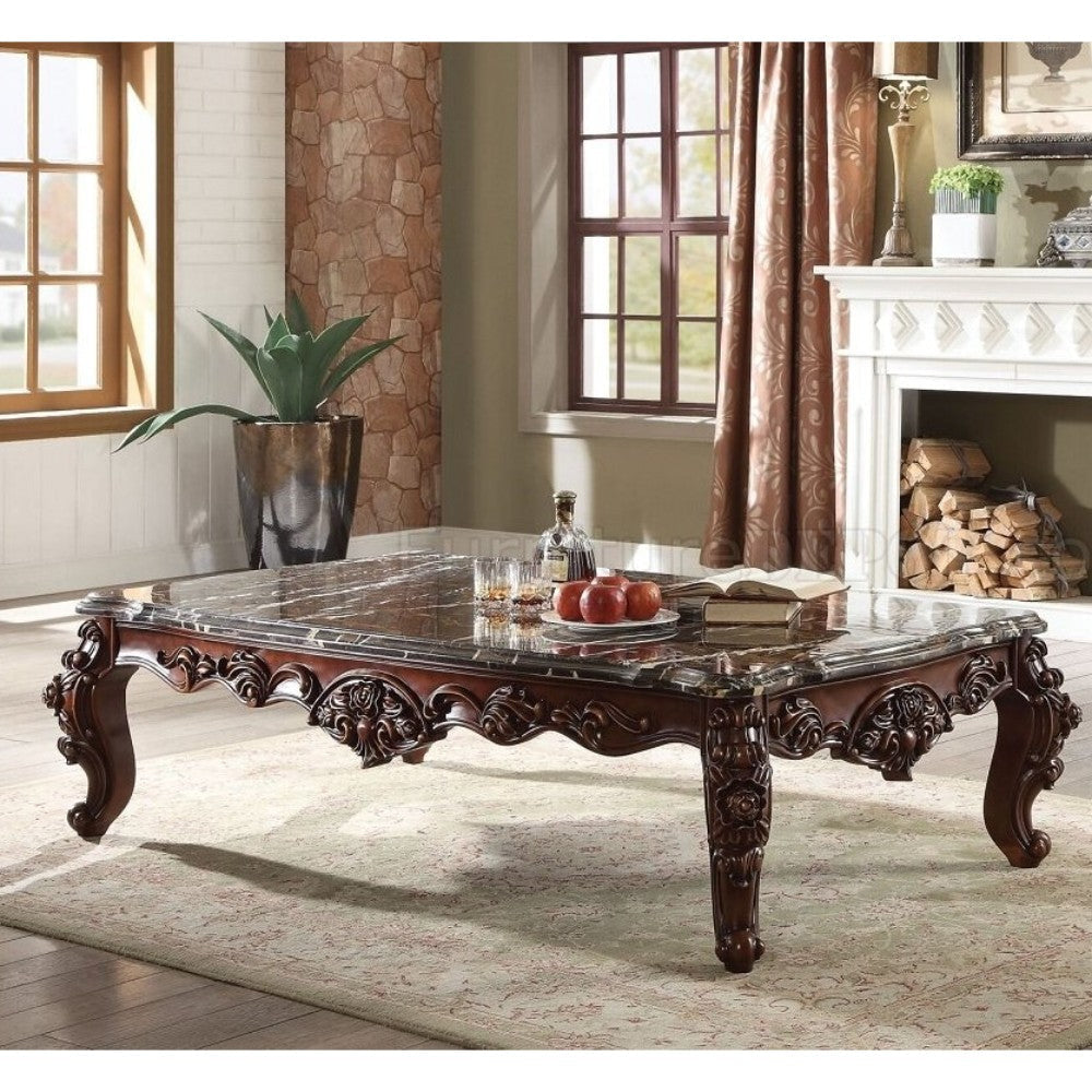 Traditional Style Rectangular Wood and Marble Coffee Table, Walnut Brown