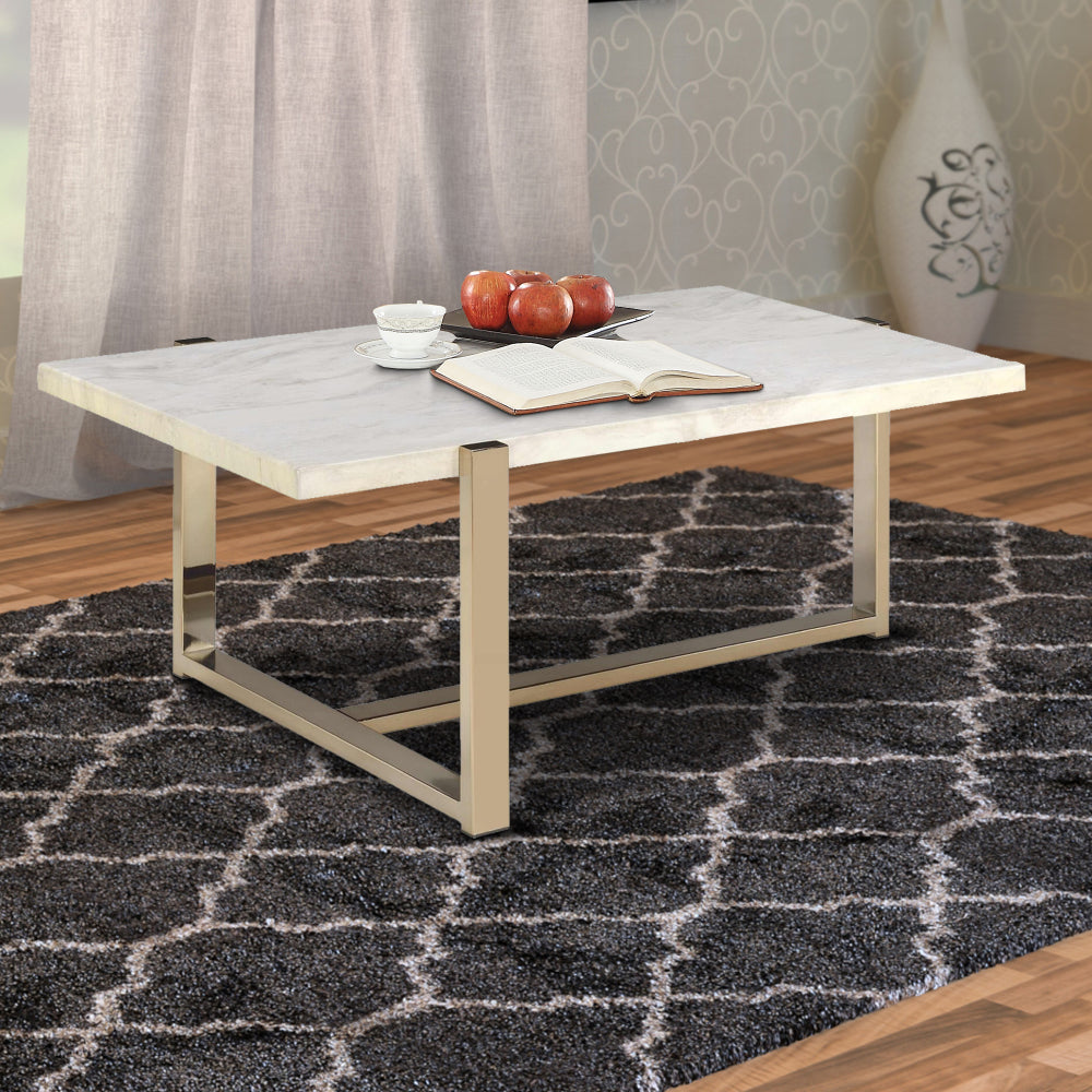 Modern Coffee Table | Faux Marble Top | 36" | White | Gold Metal Frame
