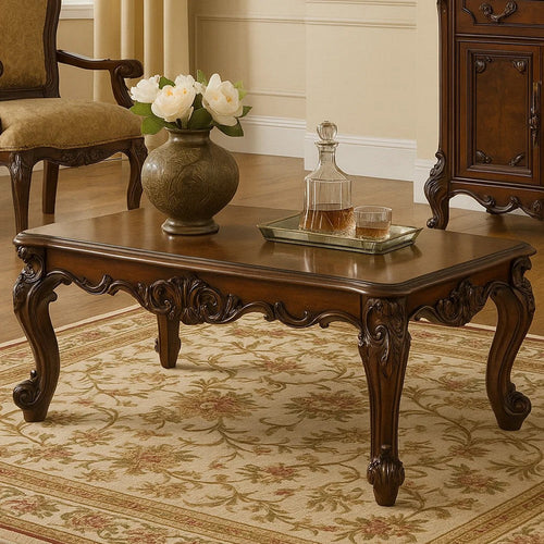 Coffee Table, 36 Inch Rectangular Top, Scrolled Legs, Brown