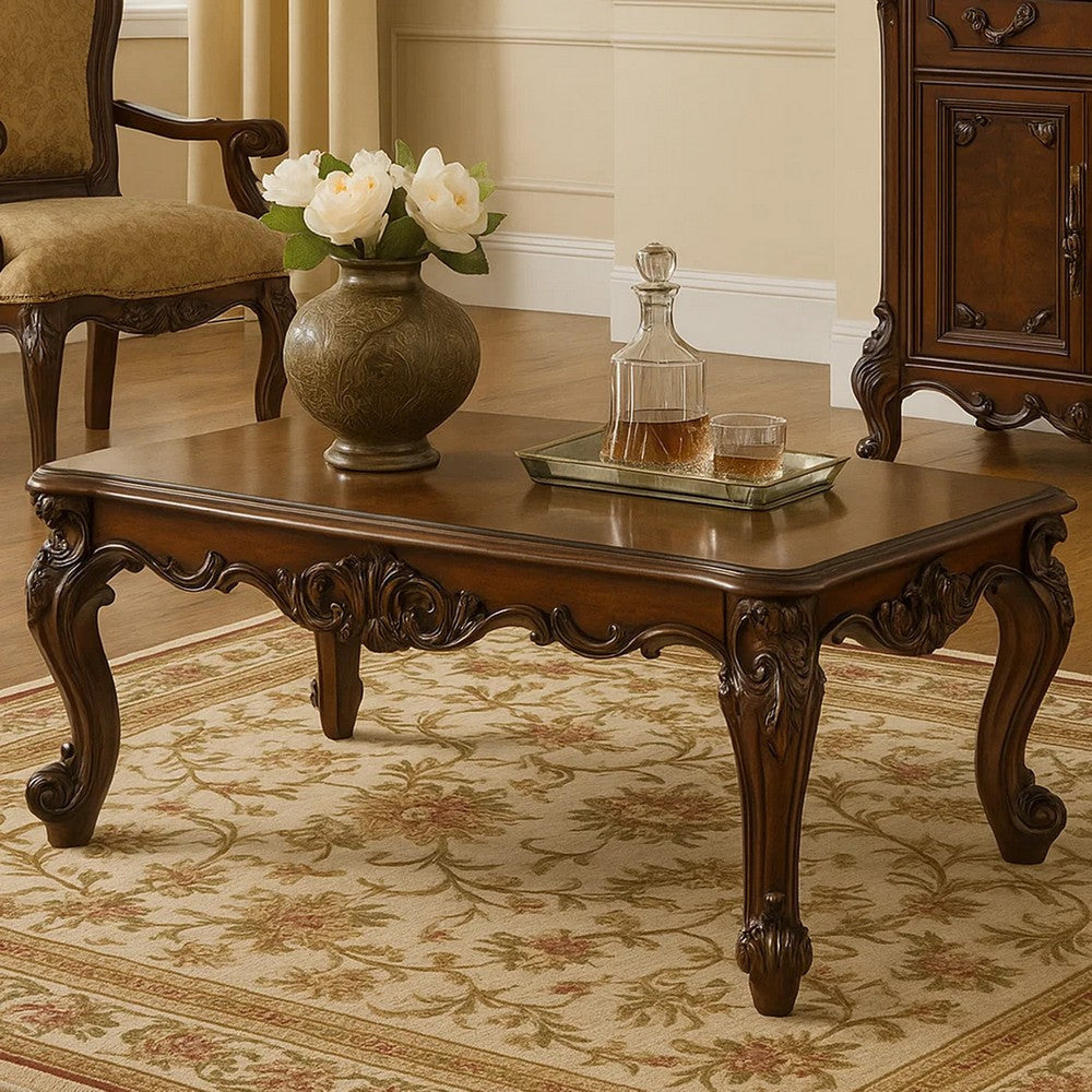 Coffee Table, 36 Inch Rectangular Top, Scrolled Legs, Brown