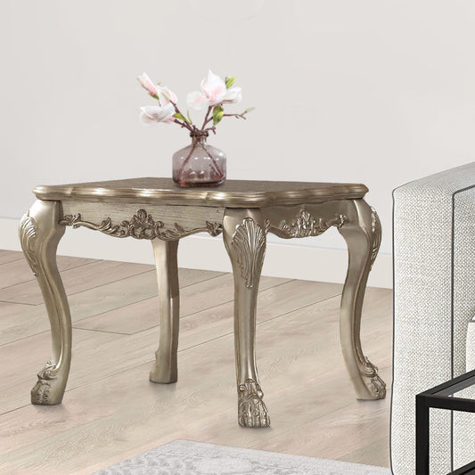 Wooden End Table with Claw Feet and Carved Intricate Motifs,Gold and Silver