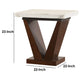 Marble Top End Table with V Shaped Wooden Base, White And Brown