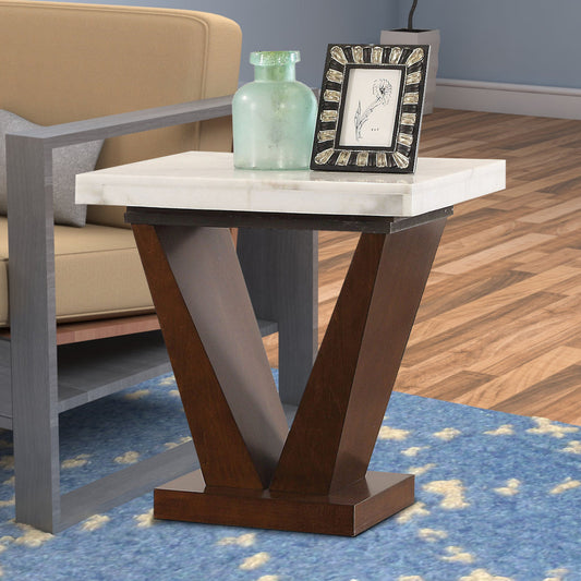 Square Marble Top End Table | 20" | White | Brown V-Base