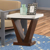 Marble Top End Table with V Shaped Wooden Base, White And Brown