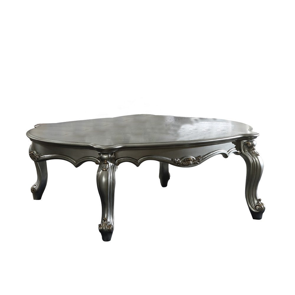 Oval Shaped Wooden Coffee Table with Cabriole Leg Support, Silver