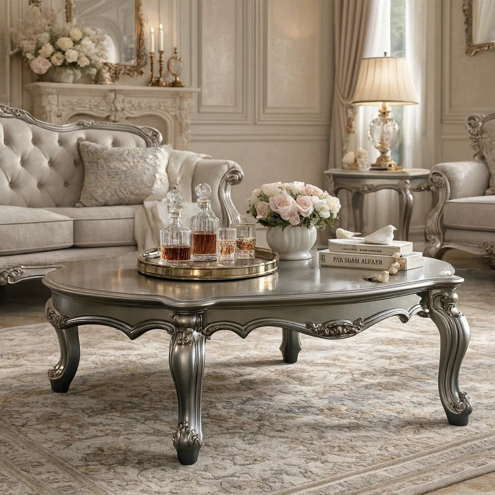 Oval Shaped Wooden Coffee Table with Cabriole Leg Support, Silver