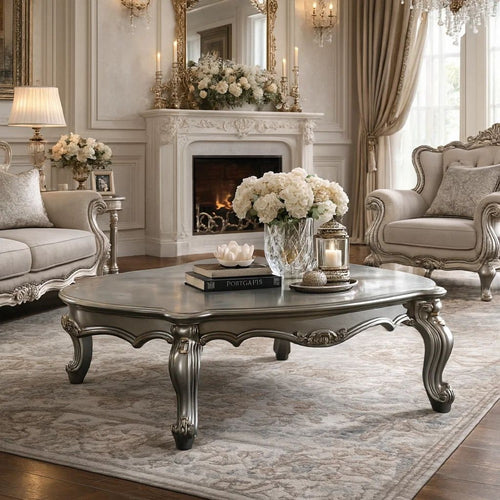 Oval Shaped Wooden Coffee Table with Cabriole Leg Support, Silver