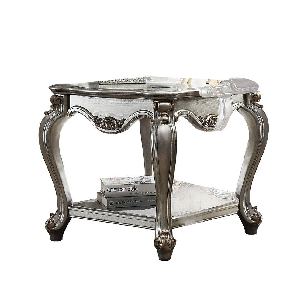 Side End Table Scalloping Polyresin Carvings and Bottom Shelf Silver AMF-83467