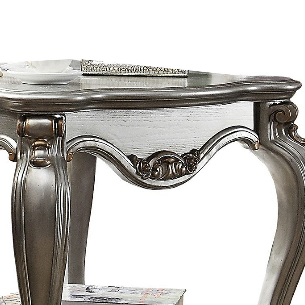 Side End Table Scalloping Polyresin Carvings and Bottom Shelf Silver AMF-83467