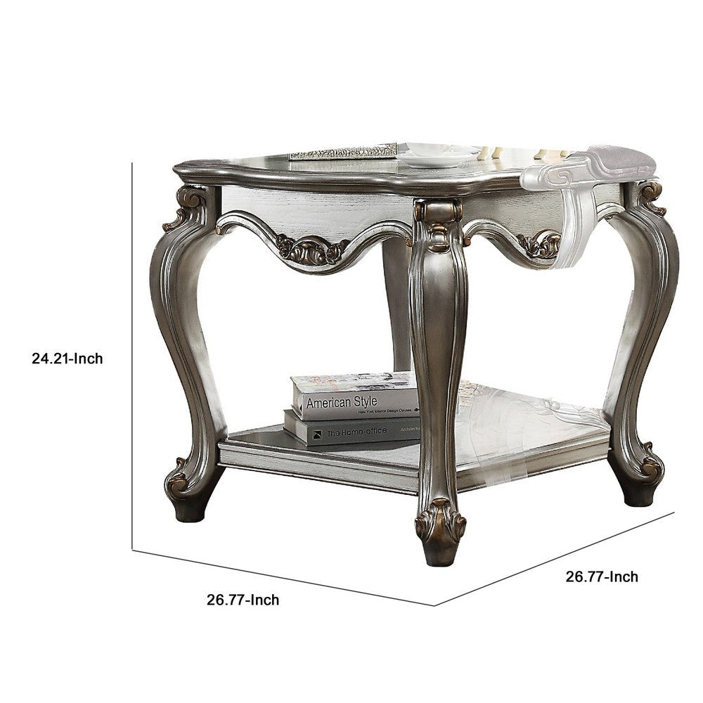 Side End Table Scalloping Polyresin Carvings and Bottom Shelf Silver AMF-83467