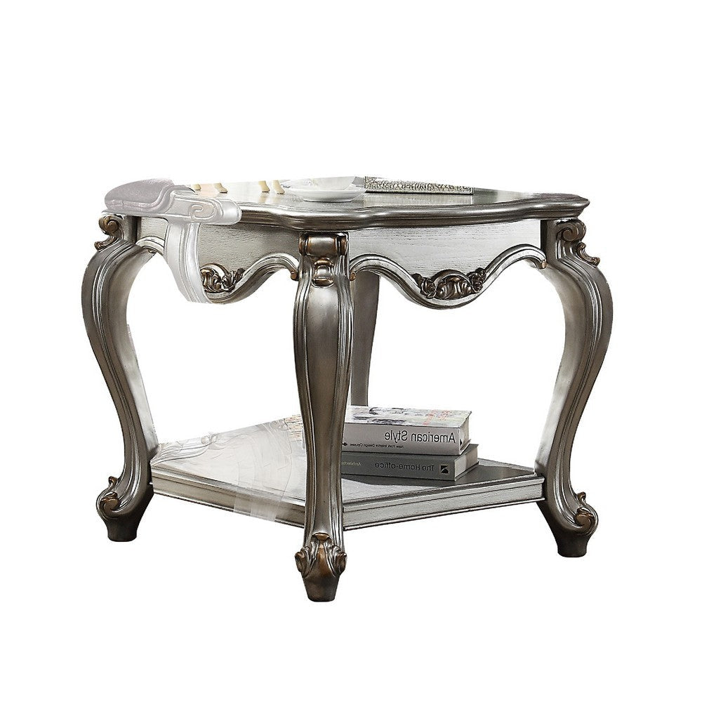 Side End Table Scalloping Polyresin Carvings and Bottom Shelf Silver AMF-83467