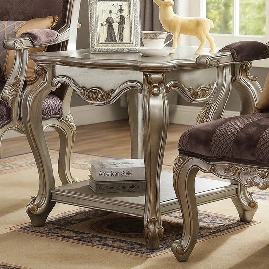 Side End Table, Scalloping, Polyresin Carvings and Bottom Shelf, Silver