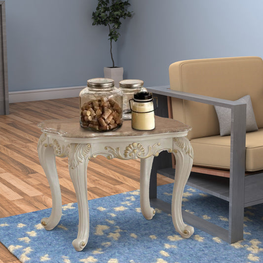 Wooden End Table With Marble Top, Pearl White