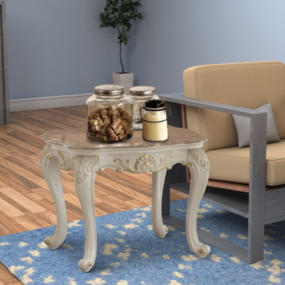 Wood End Table | Marble Top | 20" | Pearl White