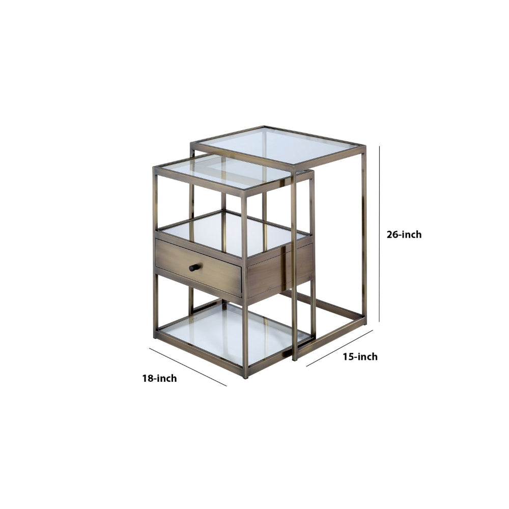 Metal and Glass 2 Piece Nesting Table Set, Brown and Clear
