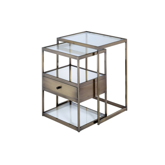 Metal and Glass 2 Piece Nesting Table Set, Brown and Clear