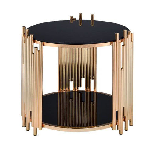 Modern Metal and Glass End Table with Tubing Design, Black and Gold
