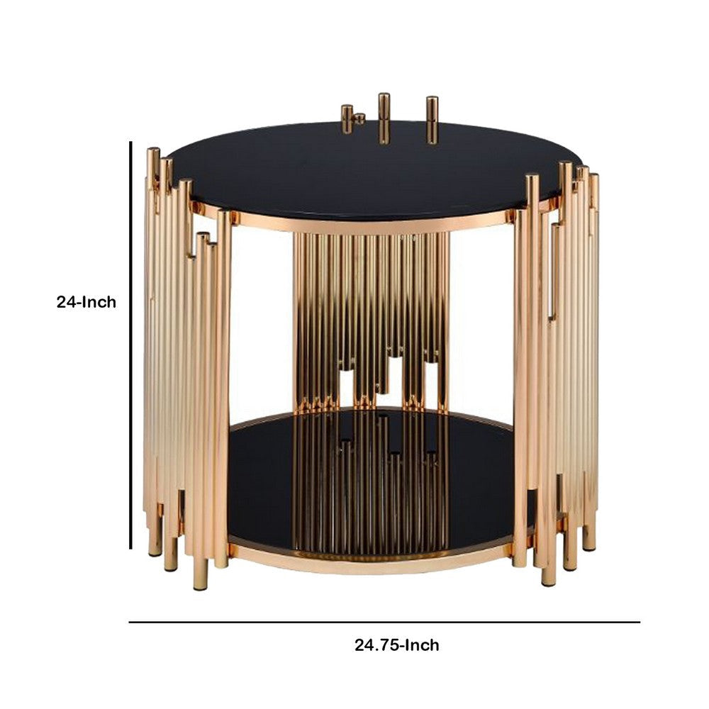 Modern Metal and Glass End Table with Tubing Design Black and Gold AMF-84492