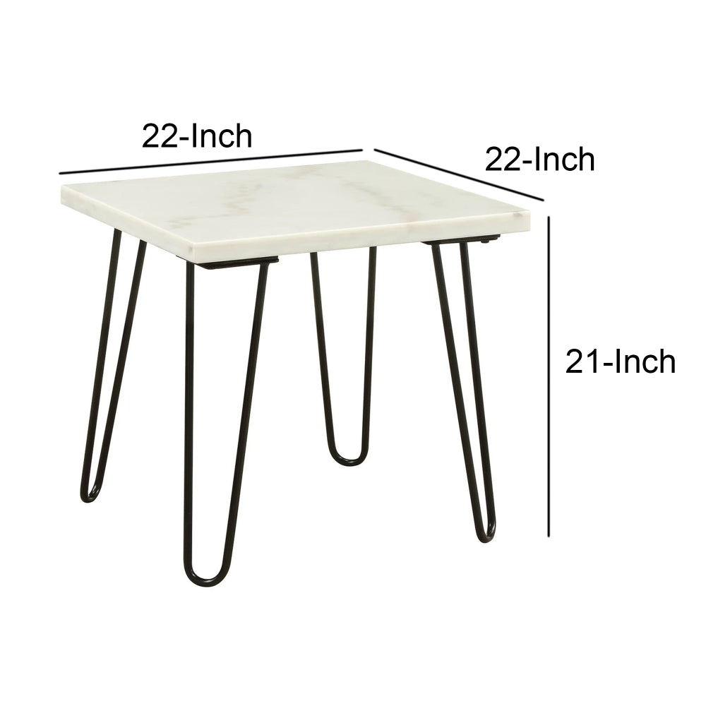 Marble Top End Table with Hairpin Style Metal Legs, White and Black By Casagear Home
